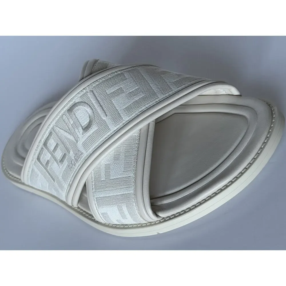 Fendi Men's FF Leather/Fabric Ivory Slide Sandals 12 US/11 UK IT 7X1548 NIB $730
